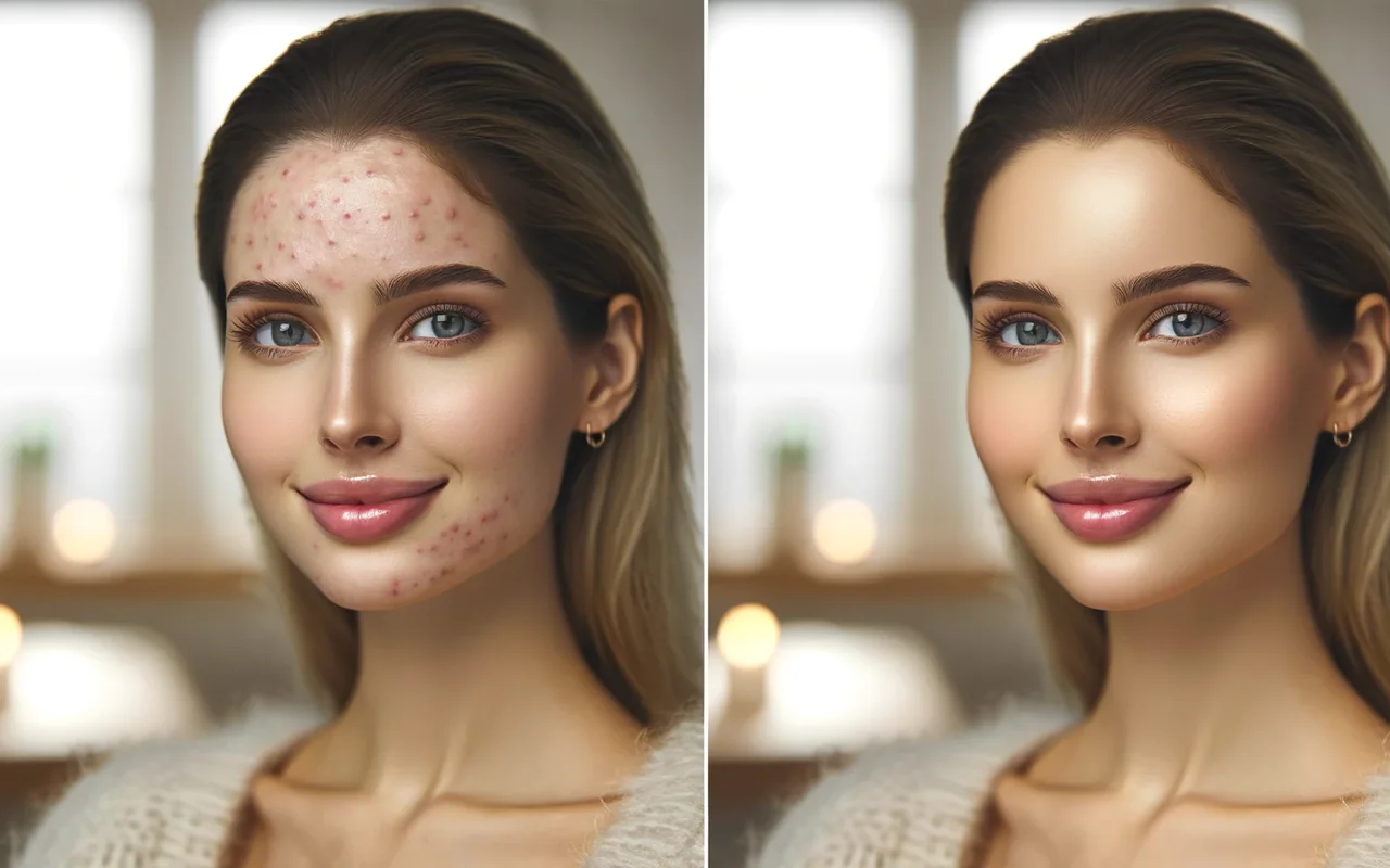 Montage illustratif d’une peau avec boutons puis d’une peau visuellement uniforme